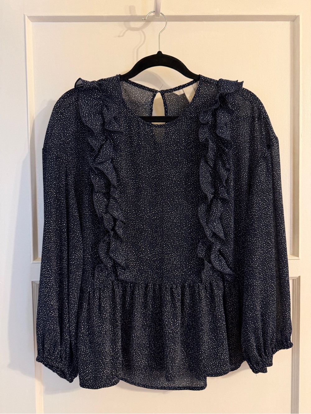 H&M Dark Blue with Small Mini Dots Ruffle Long Sleeve Peplum Blouse Top Size 6